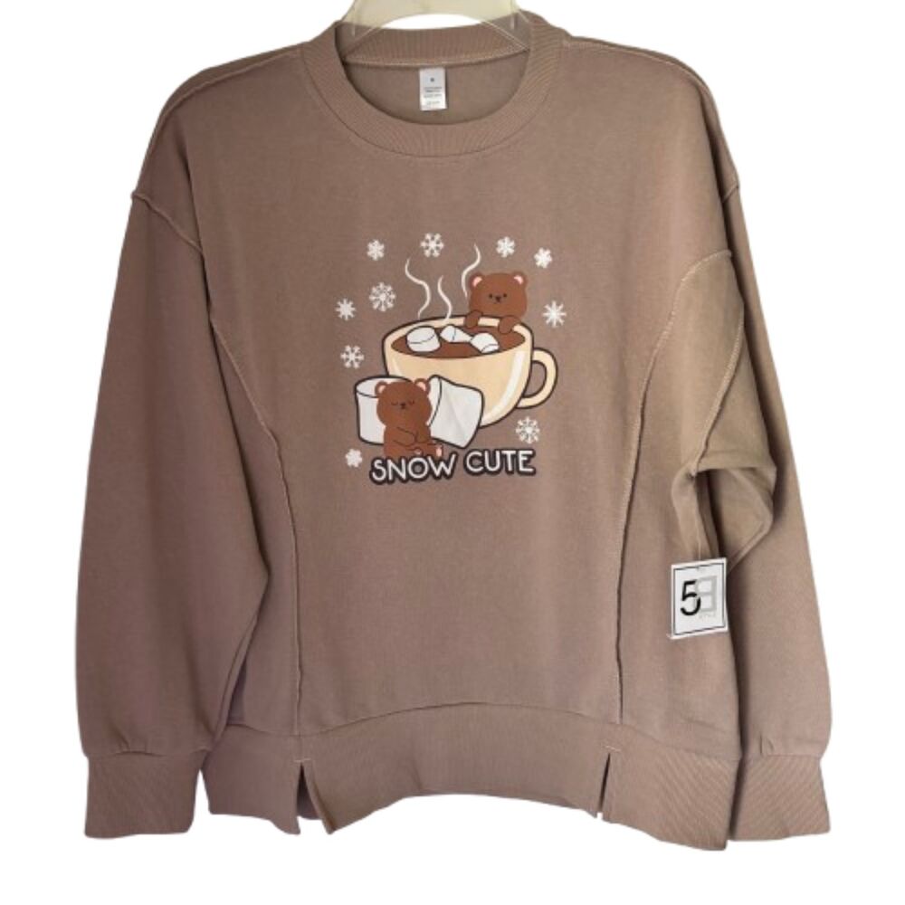 NWT 5B Style SNOW CUTE Graphics Crewneck Taupe Sweatshirt Woman's Size S #Y